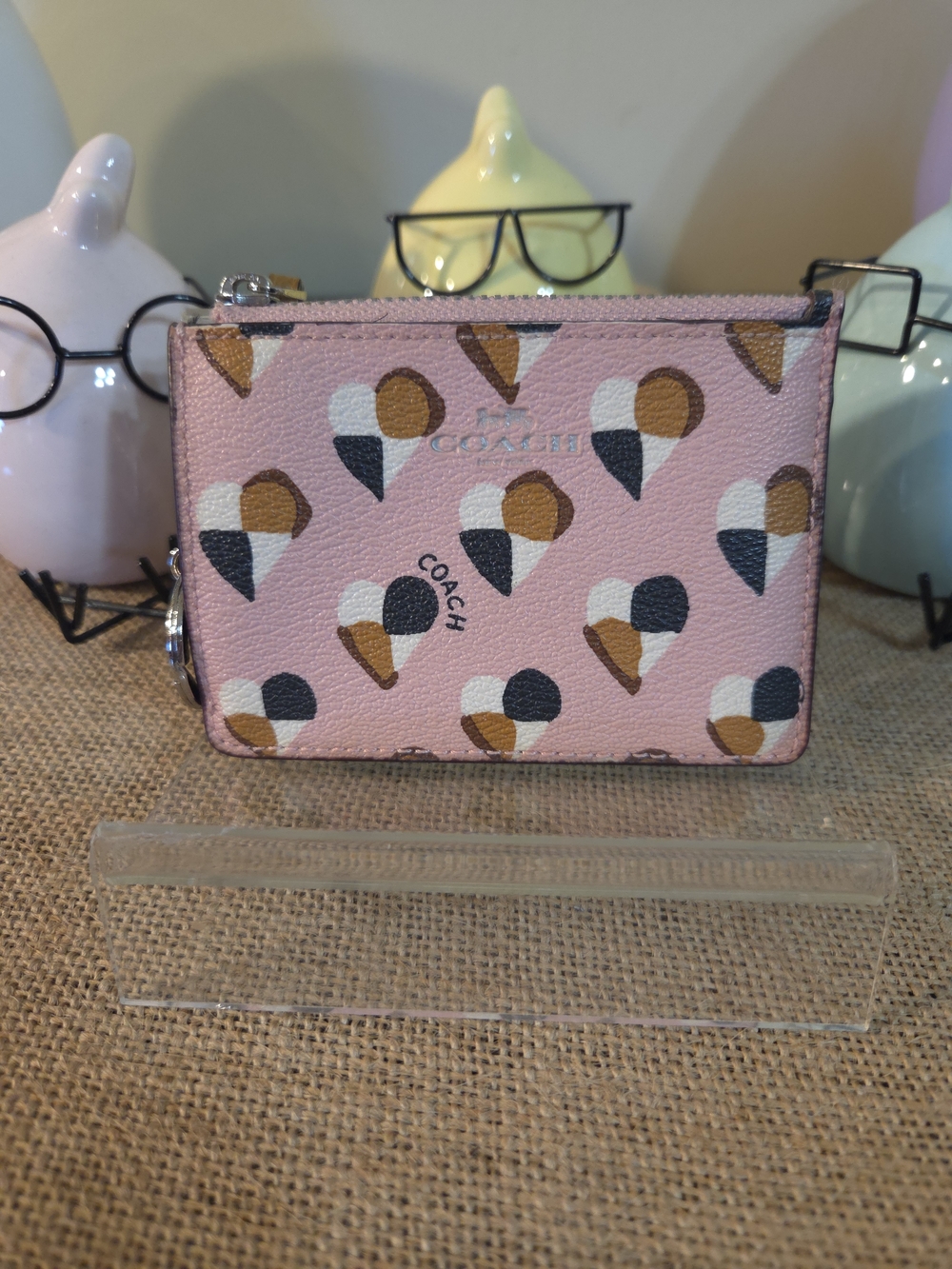 EUC Coach Pink Leather Hearted Cardholder Keychain